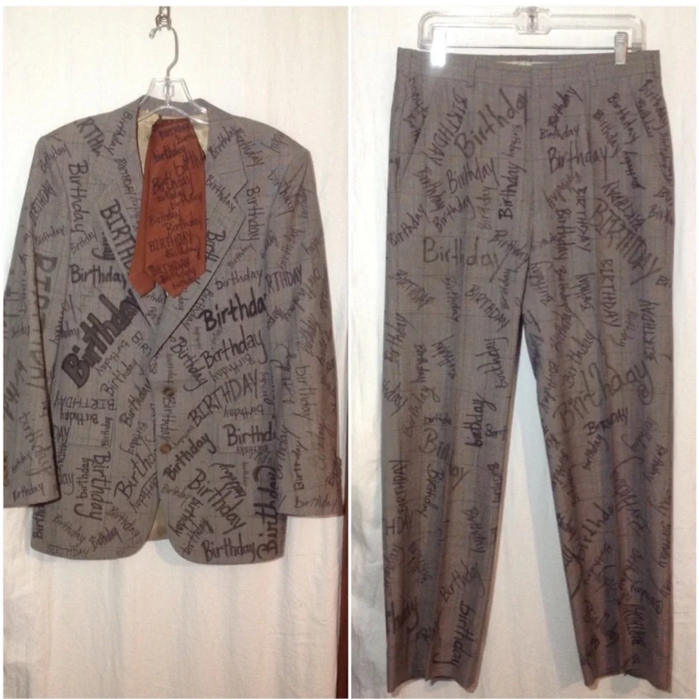 Christian Dior Suit w/“Happy Birthday” written all over jacket, pants & tie L - Picture 1 of 8